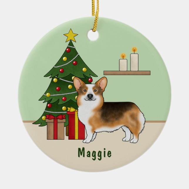 Rödhårig Tri Pembroke Welsh Corgi Julgran Julgransprydnad Keramik (Framsidan)