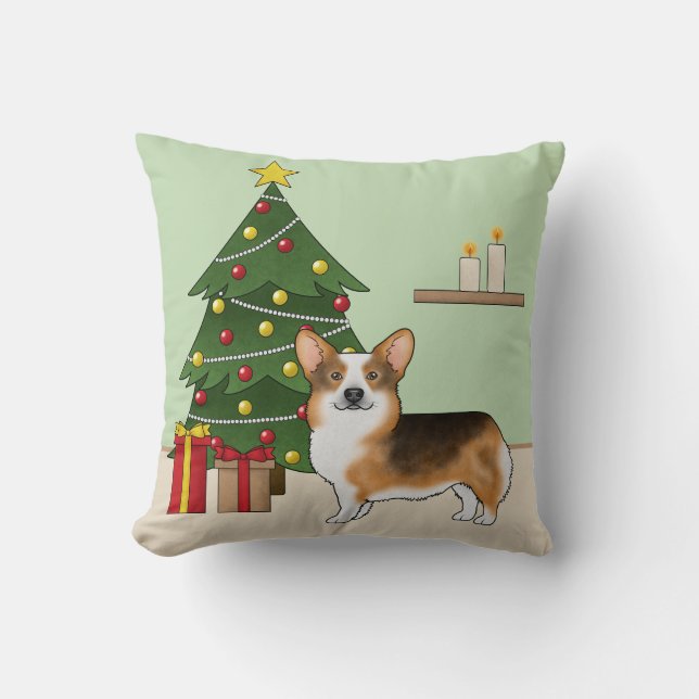 Rödhårig Tri Pembroke Welsh Corgi Julgran Kudde (Framsida)