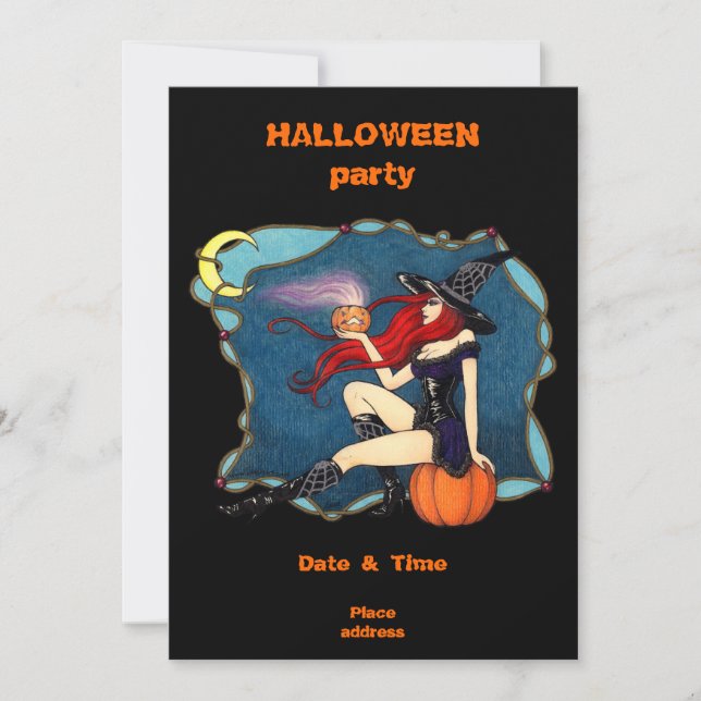Rödhårig Witch Halloween Inbjudningar (Framsida)