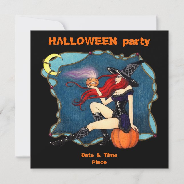 Rödhårig Witch Halloween Inbjudningar (Framsida)