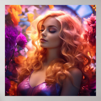 Rödhårig Woman & Flowers Poster