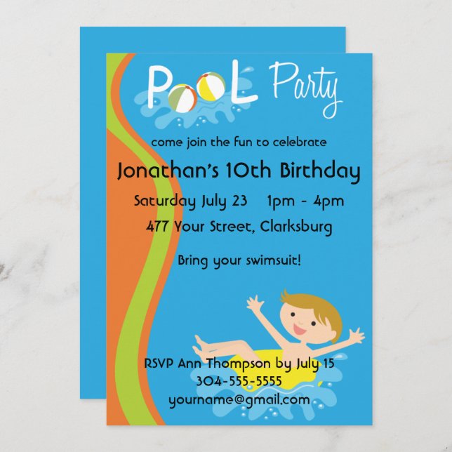 Rödhåriget Bassäng Party Boy Inbjudningar (Fram/baksida)
