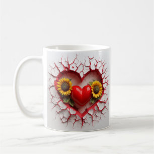 Rödhjärtsdesign med Gult solrosor och sprickor Kaffemugg