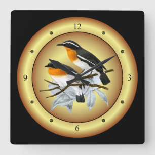 Rödhuvad Flycatcher ~ Guld/Svart bakgrund~ Fyrkantig Klocka