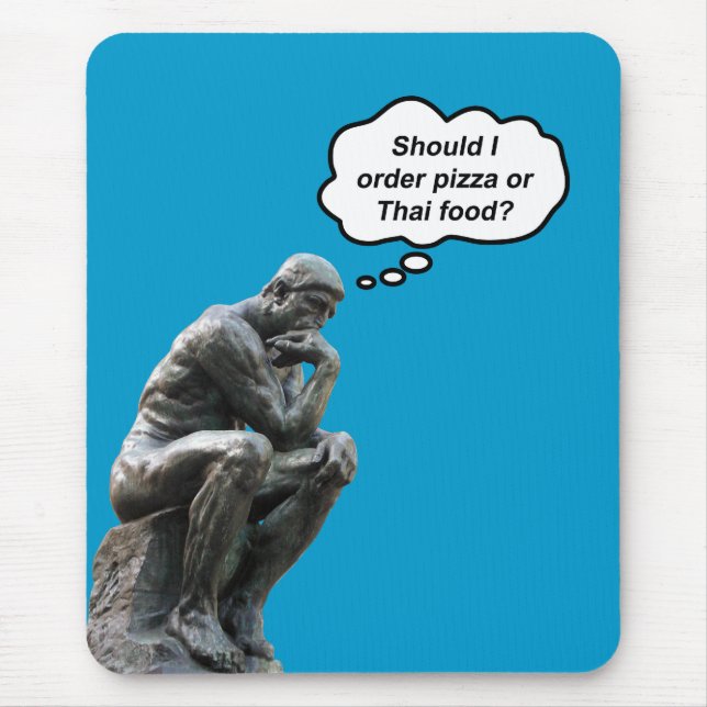 Rodin Thinker Statue - Pizza eller Thai Food? Musmatta (Framsidan)