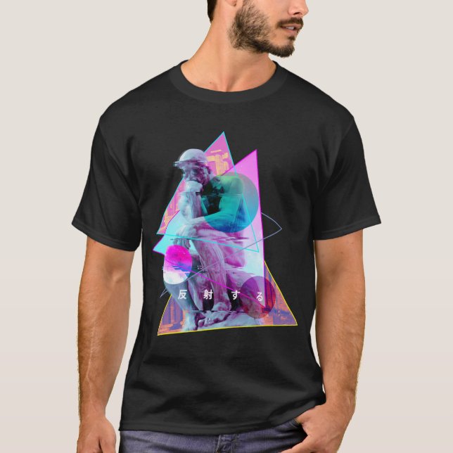 Rodin Thinker Statue - Vaporwave Aesthetic Gli T Shirt (Framsida)