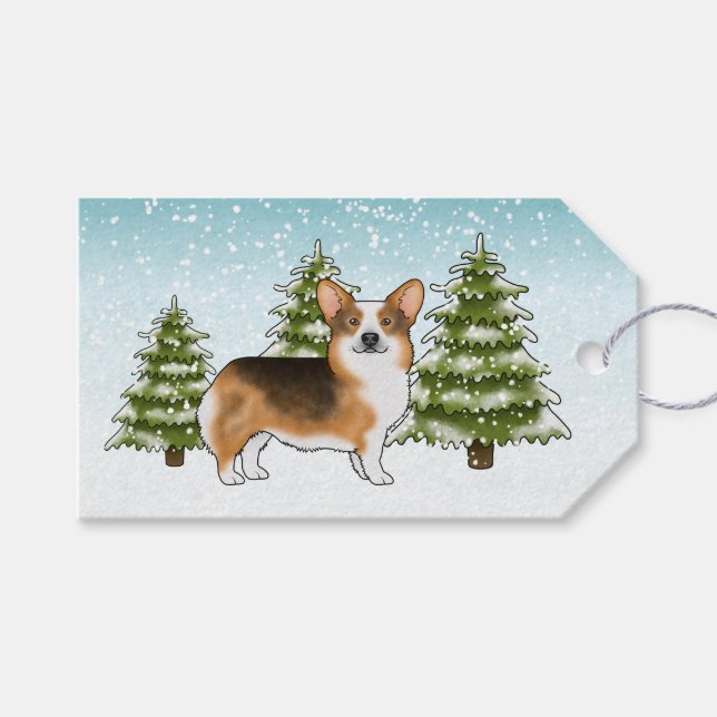 Rödkammad Tri Pembroke Corgi Hund Vinter Jul Presentetikett (Framsidan (Horisontell))