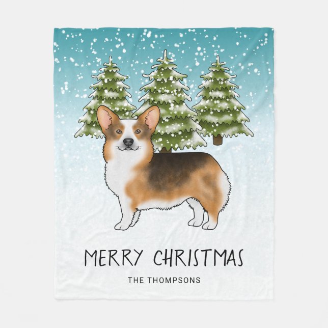 Rödkammad Tri Pembroke Corgi Vinter Jul Fleecefilt (Framsidan)