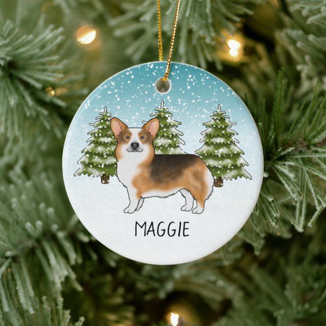 Rödkammad Tri Pembroke Corgi Vinter Jul Julgransprydnad Keramik (Träd)