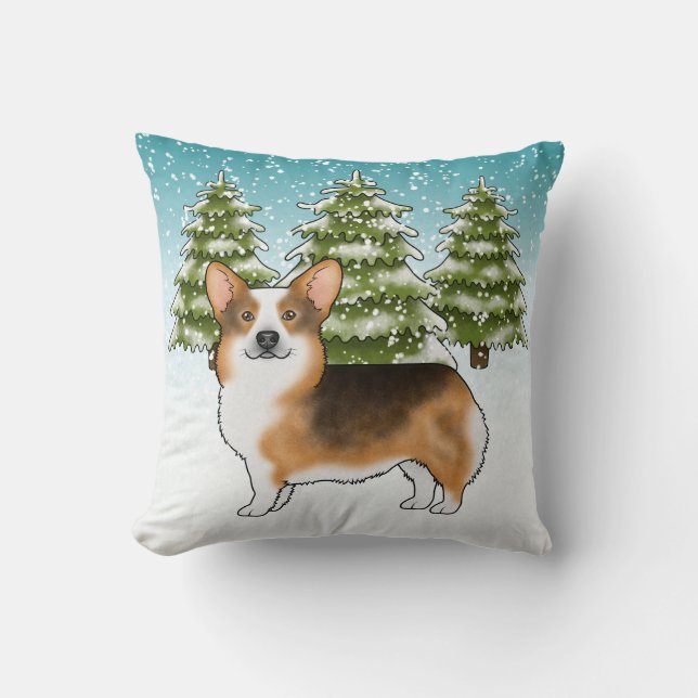 Rödkammad Tri Pembroke Corgi Vinter Jul Kudde (Framsida)