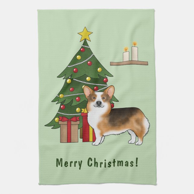 Rödkammad Tri Pembroke Welsh Corgi Julgran Kökshandduk (Vertikal)