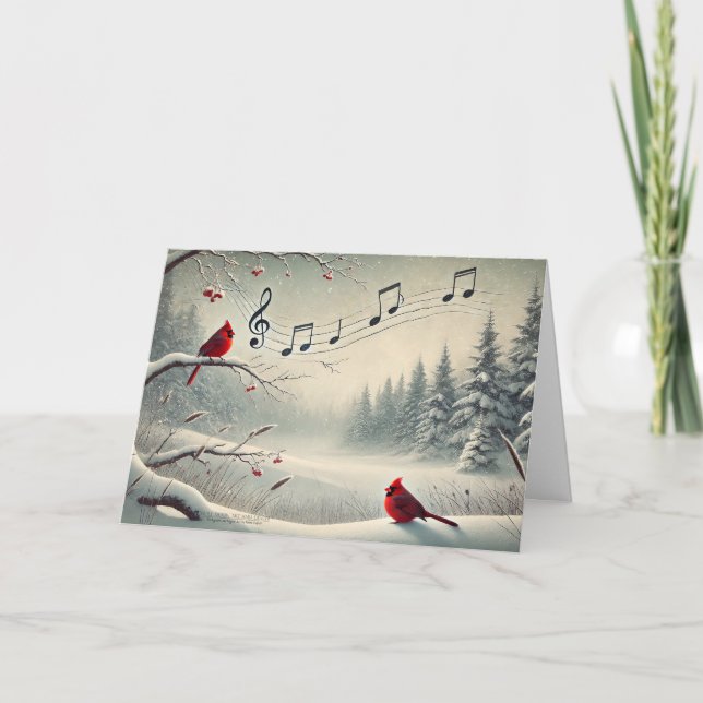 Rödkardinalfåglar Snöiga Skogar Musiknoter 3 Helgkort (Framsida)