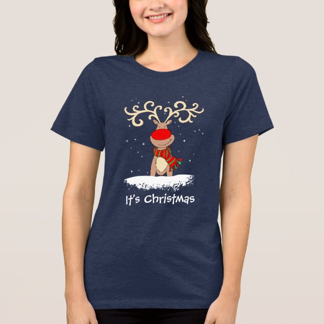 Rödkindad ren Jul t-shirt (Framsida)