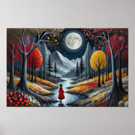 Rödklädd barn som utforskar en fantasifull skog på poster