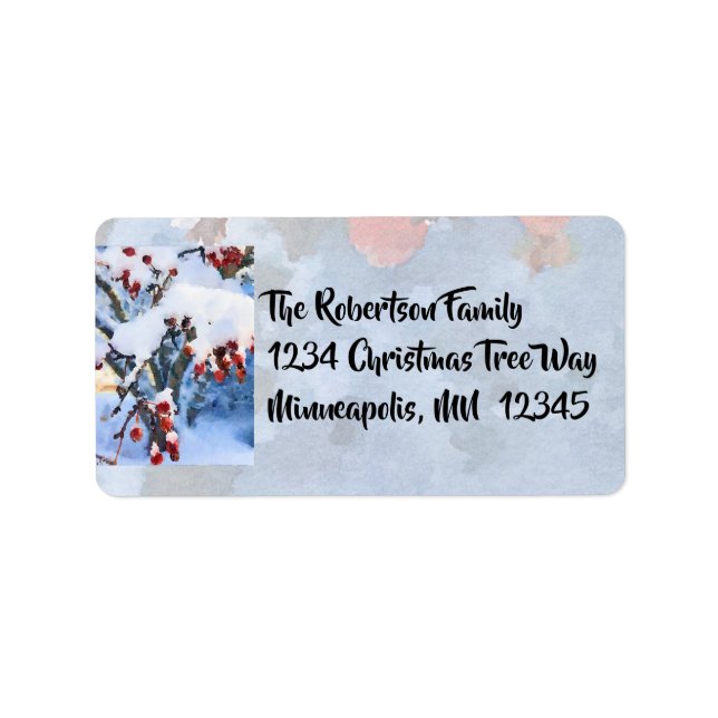 Rödkrabba Apple Berries i Snö~Helgdag med vattenfä Adressetikett (Framsidan)