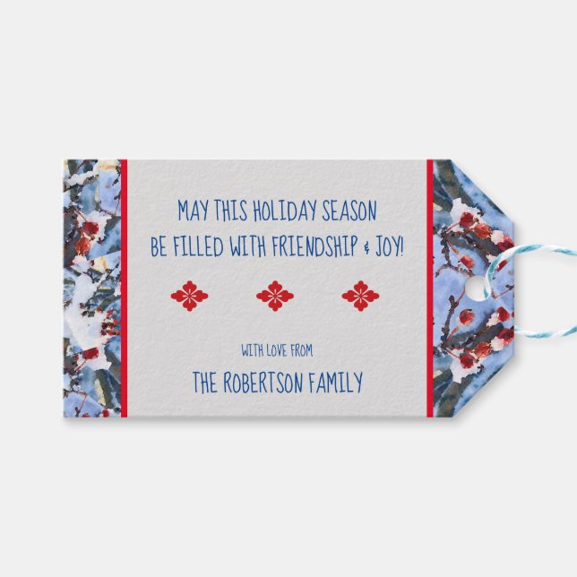 Rödkrabba Apple Berries i Snö~Helgdag med vattenfä Presentetikett (Framsidan (Horisontell))