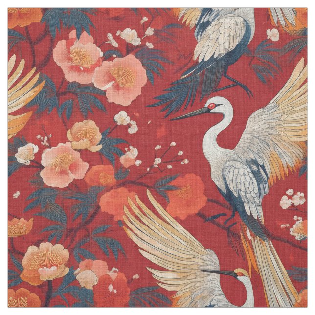 Rödkranar av japansk mönster och peony tyg (Provkarta)