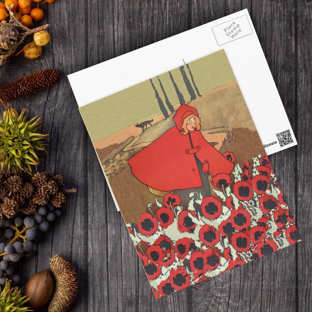 Rödluvan Plockar Vallmo Postkort Vykort (Little Red Riding Hood in red poppy flowers with wolf on fairy tale postcard.)