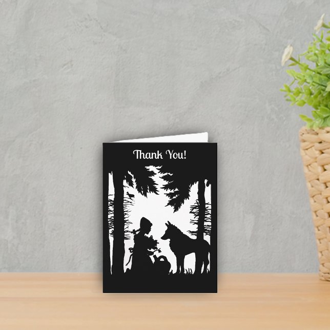 Rödluvan Varg Svart Vit i Skogen Tack Kort (black white Little red riding hood under trees in forest with wolf on Thank you cards.)
