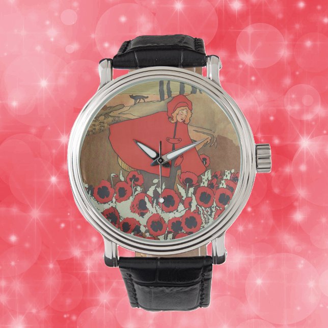 Rödluvan Varg Vallmo Blommor Vintage Armbandsur (Red riding hood in cap picking red flowers in field with wold on wrist watch.)