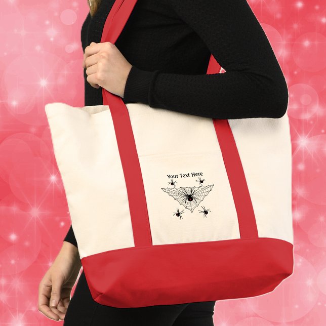 Rödmärkt svart bläckstråle med triangelfärgad Webb Tygkasse (Black widow spiders with classic red hourglass in black triangle shaped web on Halloween tote bag.)