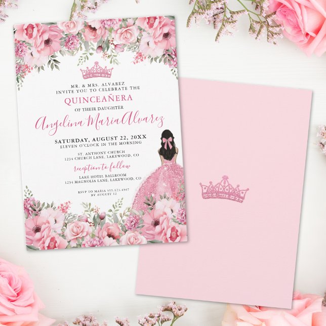 Rödmördad Rosa Blommig Quinceanera Inbjudningar (Pink Rose Floral Quinceanera Invitation)