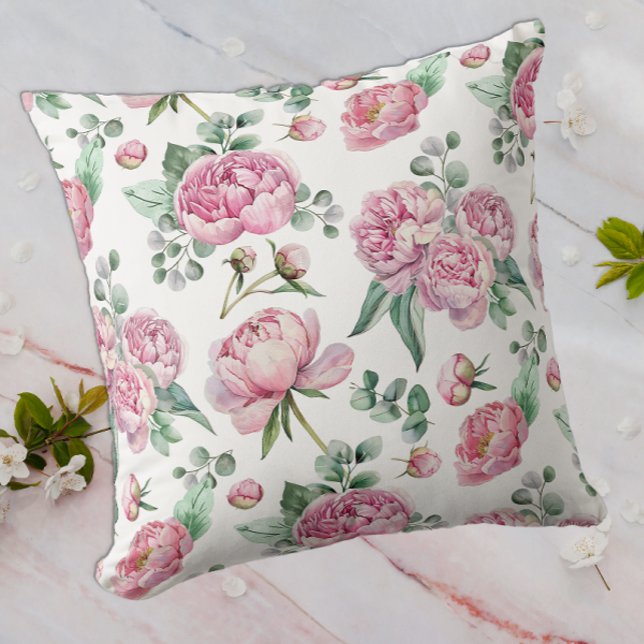 Rödmörkt Rosa Blommor och Eukalyptus Grönska Akvar Kudde (Watercolor Floral Throw Pillow)