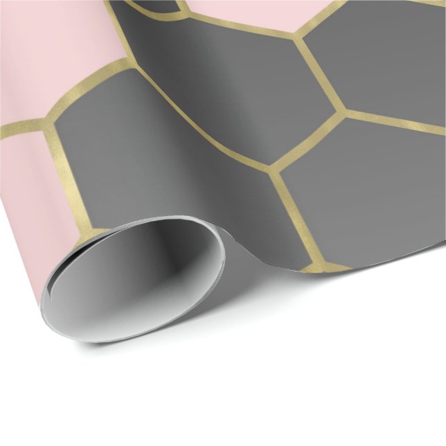 Rödmörkt Rosa Grått & Guld Hexagon Modern Glamour Presentpapper (Rullad Hörn)