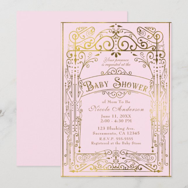 Rödmörkt rosa & guld vintage- eller viktoriansk ba inbjudningar (Fram/baksida)