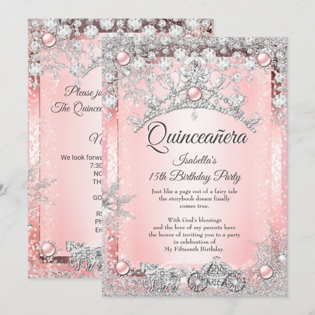 Rödmosarosa Quinceanera 15-års Vinter Kärranvagn Inbjudningar (Fram/baksida)