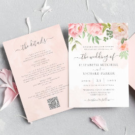 Rödmunsrosa Blommig Peony Allt-i-ett QR-kod Bröllo Inbjudningar
