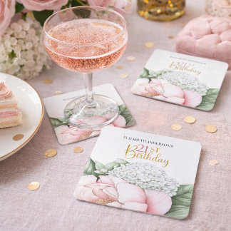 Rödmunsrosa Peony Blommig 21-årsdag Underlägg Papper Kvadrat