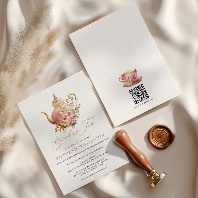 Rödmunsrosa Vintage Blommig Tekanna Bröllopsdusch  Inbjudningar (Blush Pink Vintage Floral Teapot Bridal Shower Tea Invitation)