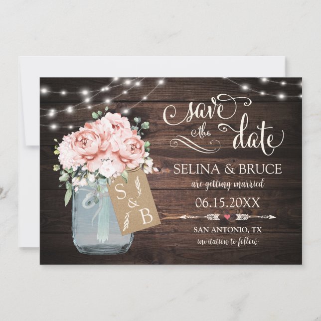 Rodna Bröllopsinbjudan med Blush Blommor och Trä Inbjudningar (Framsida)