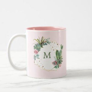 Rodna geometrisk kaktus med monogramen Två-Tonad mugg