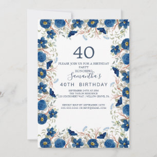 Rodna och marinblå blommor Blå krans 40-årsdag Inbjudningar