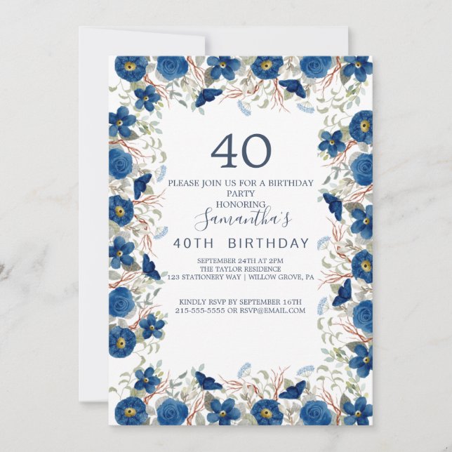 Rodna och marinblå blommor Blå krans 40-årsdag  Inbjudningar (Framsida)