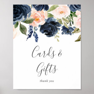 Rodna och marinblå blommor vita kort och present s poster