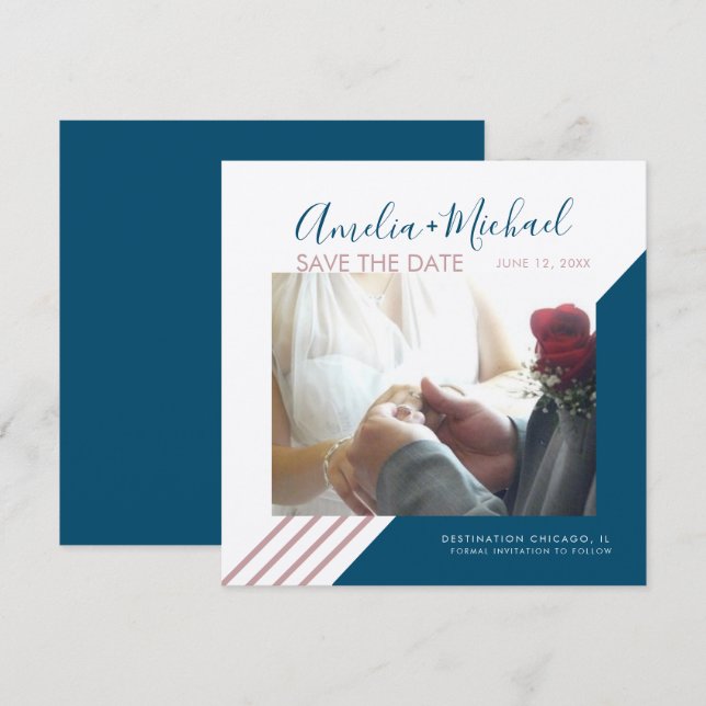 Rodna och marinblå linjer Spara datum Kraft Kort (Fram/baksida)