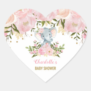 Rodna rosa blom- favör för elefantbaby showerpar hjärtformat klistermärke