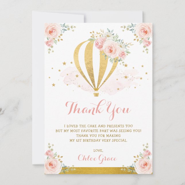Rodna rosa guld- blom- luftballongfödelsedag tack kort (Framsida)