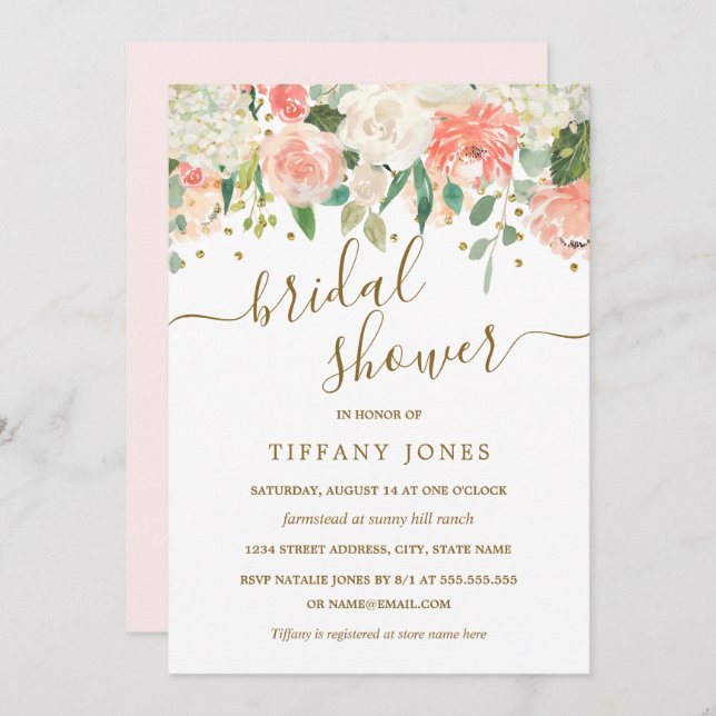 Rodna rosa guld- konfettimöhippa för blommigt inbjudningar (Fram/baksida)