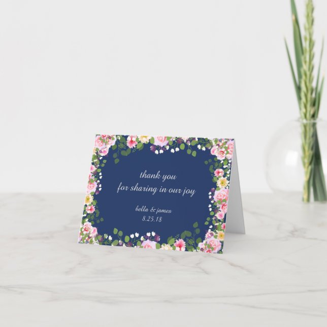 Rodna rosa marinblått brölloptack Notecards Tack Kort (Framsida)