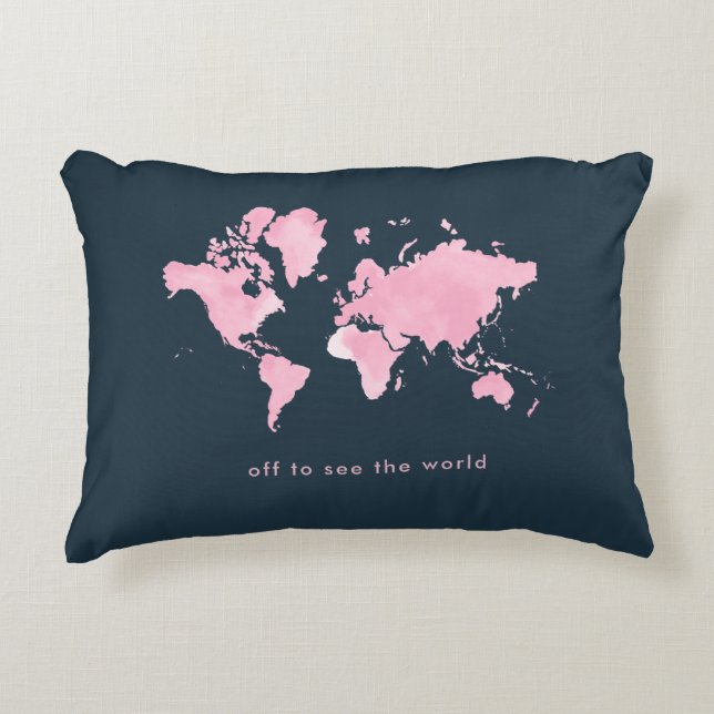 Rodna rosa vattenfärgvärldskarta på marinblått prydnadskudde (Framsidan)