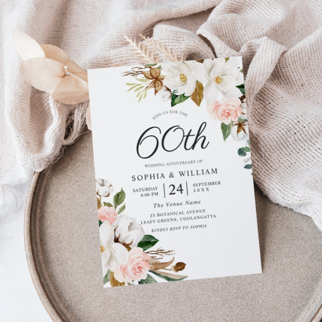 Rodna & Vita Blommor 60-års Bröllopsjubileum Inbjudningar (Skapare uppladdad)