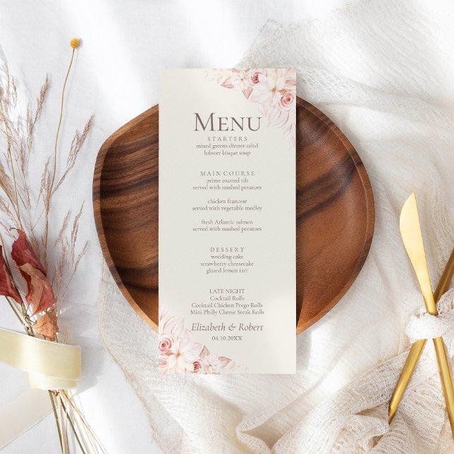 Rodnad Beige Blommig Bröllopsmeny Kort (Romantic Beige and Pink Roses Wedding Menu on a boho wedding table.)