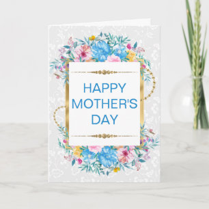 Rodnad & Blå blommor & Guld glitter Mors dag Kort