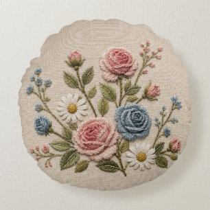 Rodnad & Blå Broderade Rosor Rund Kudde
