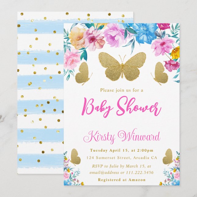 Rodnad. Blå och Guld Blommig Fjäril Bebis Baby Sho Inbjudningar (Fram/baksida)