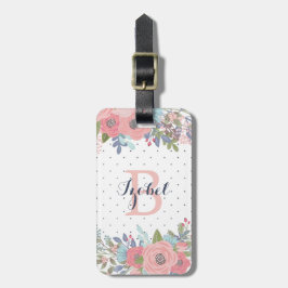 Rodnad- & blåa blommorpolkaen pricker monogramen bagagebricka